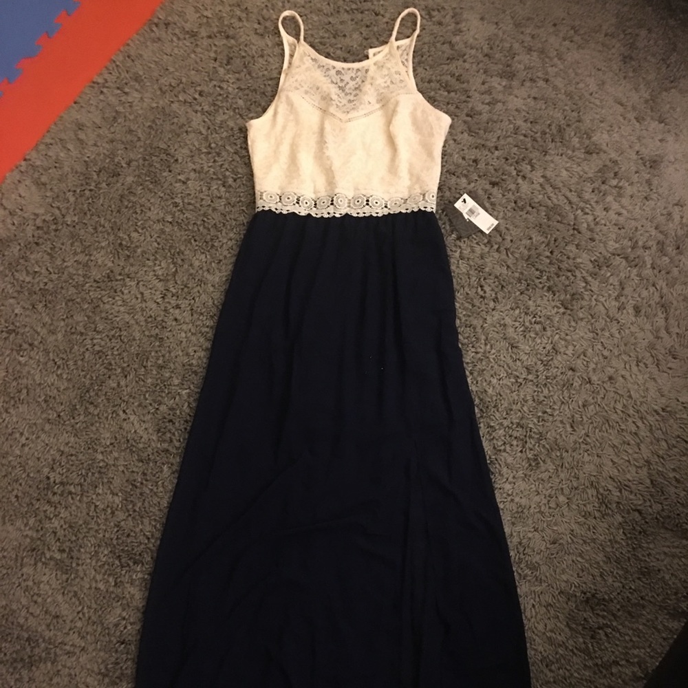 Navy blue and white maxi dress.